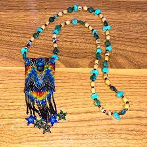 Rainbow Goddess Medicine Pouch Necklace with Turquoise & prayer beads.